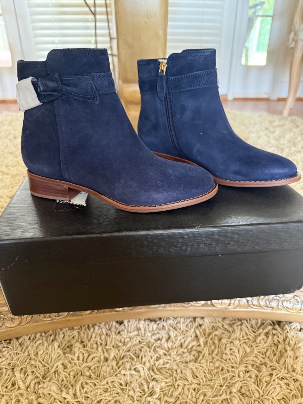 Talbots Tish Bow Suede Ankle Boots Indigo Blue Zip Booties Size 5.5 NIB